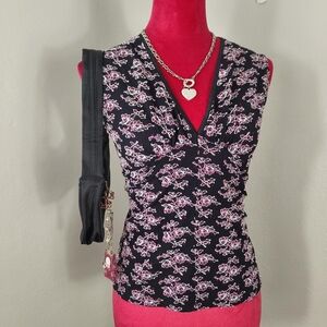 Cute Girl Y2K 90s Black Pink Romantic Rose Lace Babydoll Blouse Tank Top XL